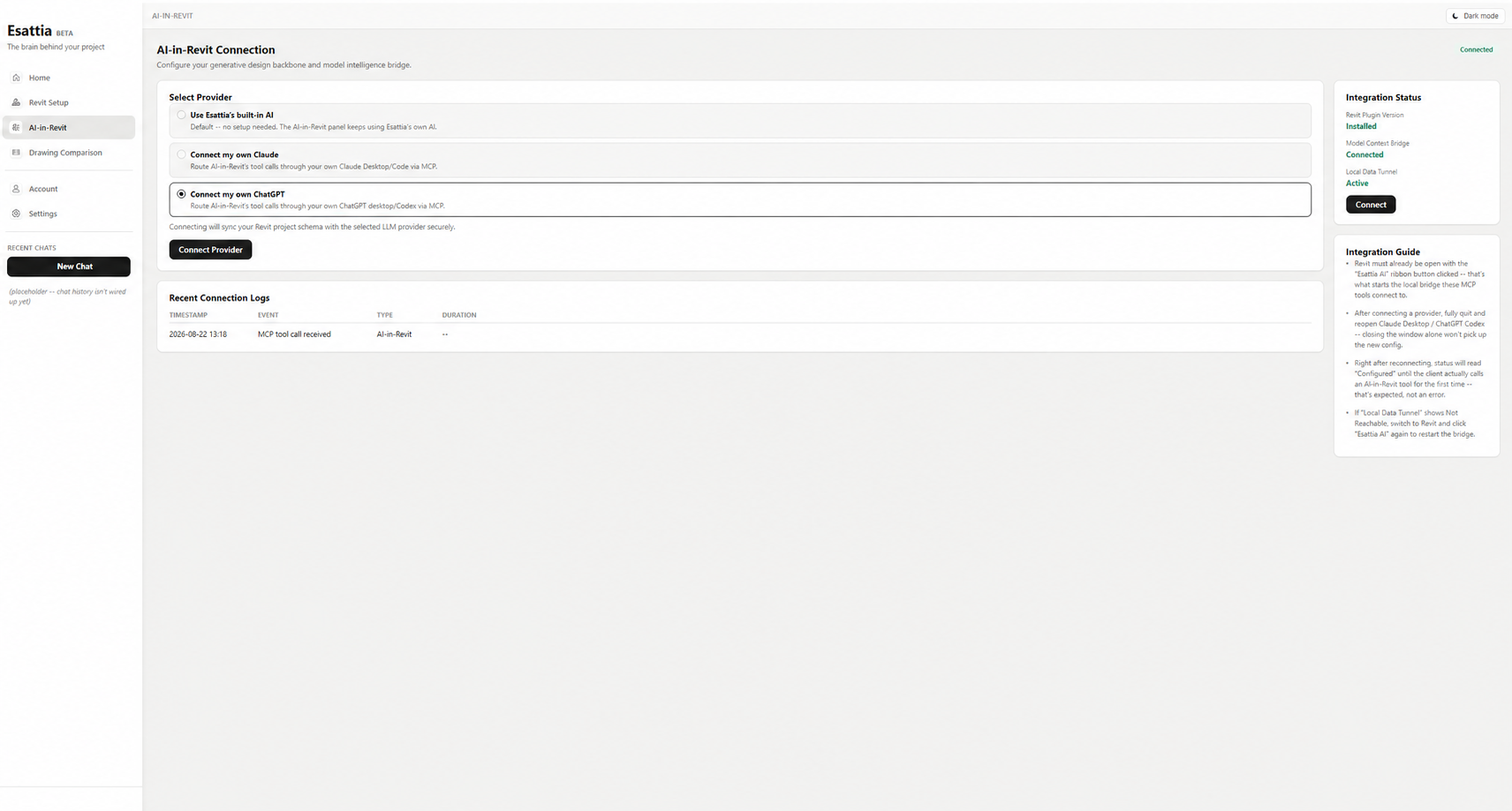 Esattia AI-in-Revit interface showing built-in AI, Claude, ChatGPT, and MCP connections